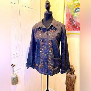 Alia Petites Embroidered Button Down Denim Jacket W Front Pockets